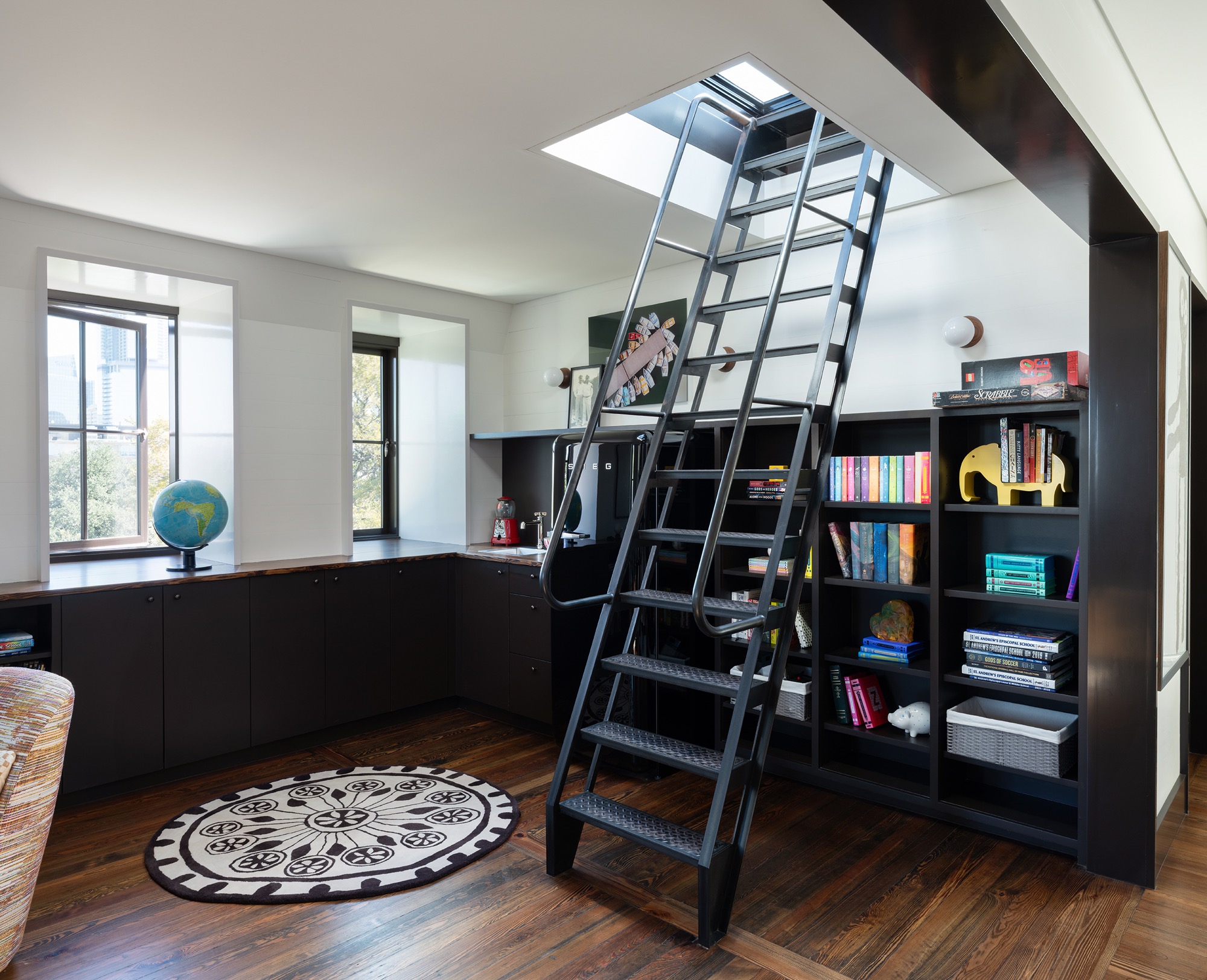 Victorian House attic room with widows walk ladder in Austin, Texas